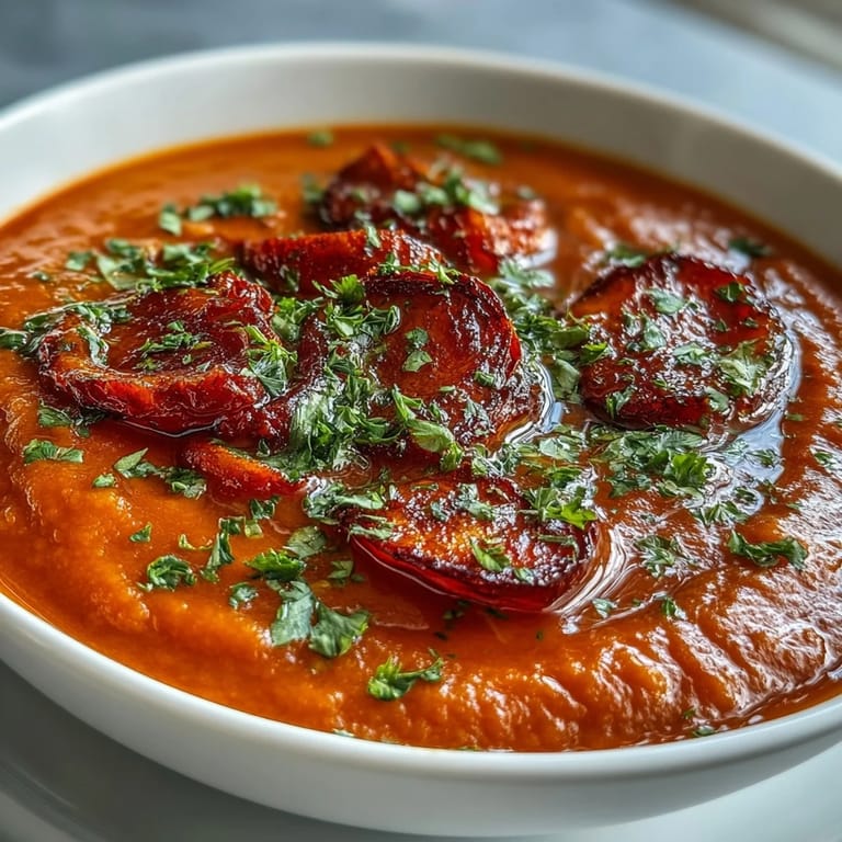 Golden Roasted Vegetable Soup in a rustic ceramic bowl, with a velvety orange hue and a drizzle of olive oil, perfect for a cozy lunch.