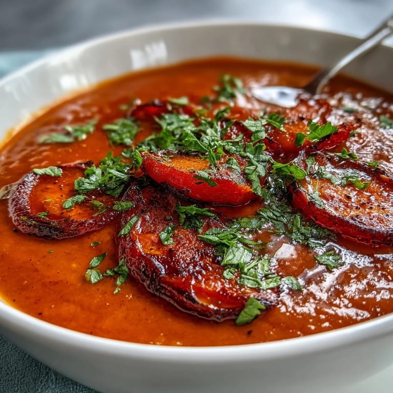 Steaming bowl of creamy Roasted Vegetable Soup, showcasing the deep caramelized flavors of oven-roasted zucchini, onion, and garlic on a wooden table.