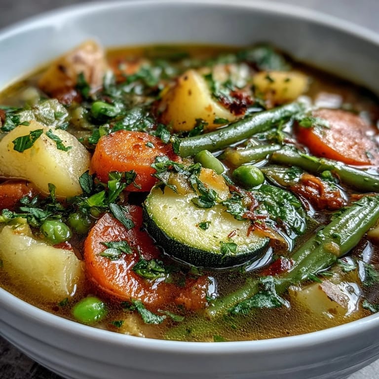 Steam rising from a colorful Potato and Vegetable Soup filled with peas, celery, and onions, ready to enjoy as a nourishing family meal.
