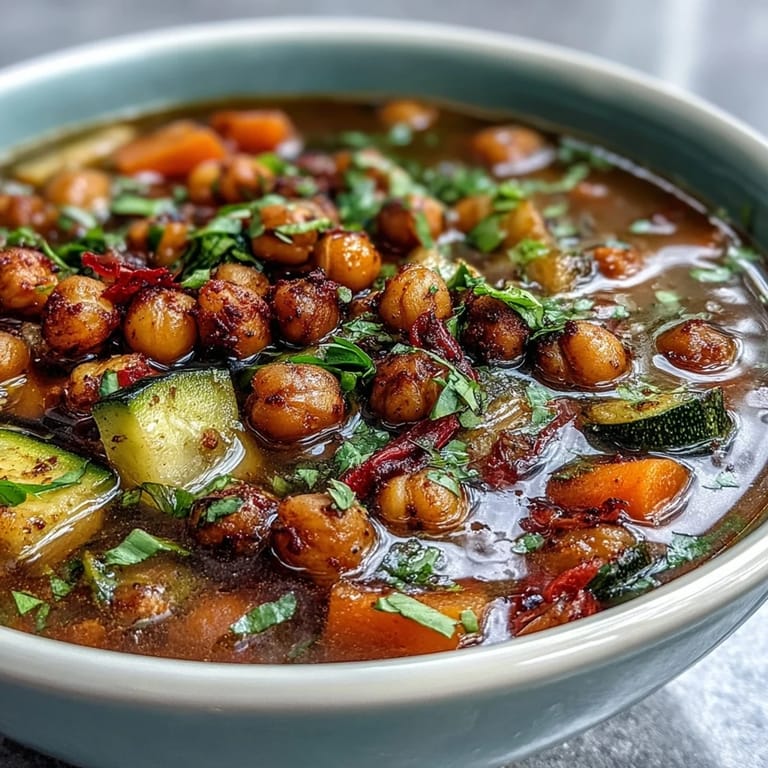 Freshly served Spiced Chickpea and Vegetable Soup with a lemon wedge, ready to pair with crusty bread.