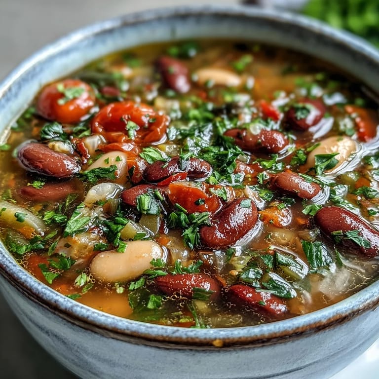 Colorful Three-Bean Salad Soup garnished with parsley, served hot alongside crusty bread for a comforting vegetarian dinner.