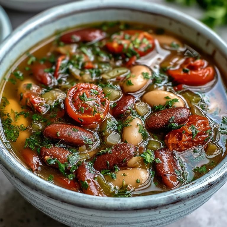 Hearty Three-Bean Salad Soup simmering with red bell peppers, cherry tomatoes, and fresh parsley for a vibrant, zesty meal.  
