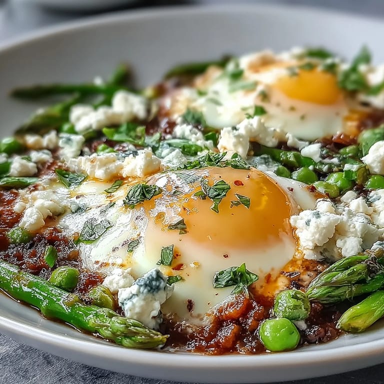 Runny-yolk eggs cook in the bubbling sauce, garnished with crumbled feta and fresh herbs for a savory finish.