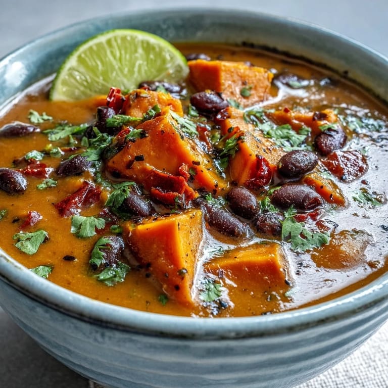 Hearty Sweet Potato and Black Bean Soup in a rustic bowl, topped with fresh cilantro and a bright lime wedge.