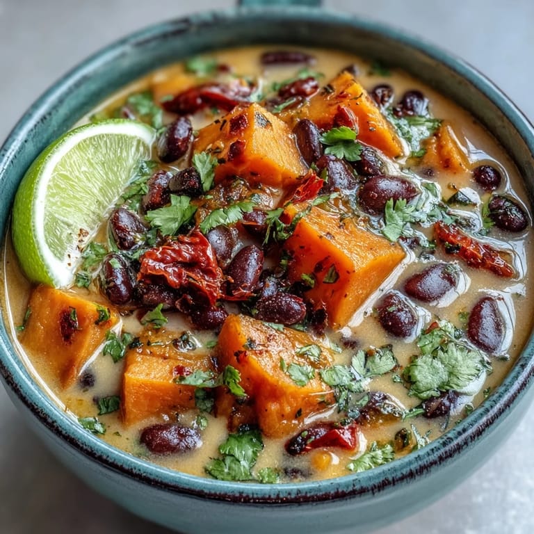 Steaming bowl of Sweet Potato and Black Bean Soup garnished with sliced avocado, cilantro, and a lime wedge.