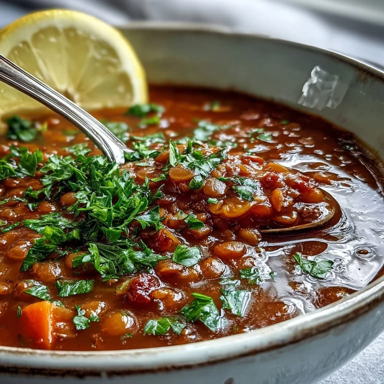 Vibrant Tomato Lentil Soup ladled from a pot, surrounded by fresh vegetables and spices.