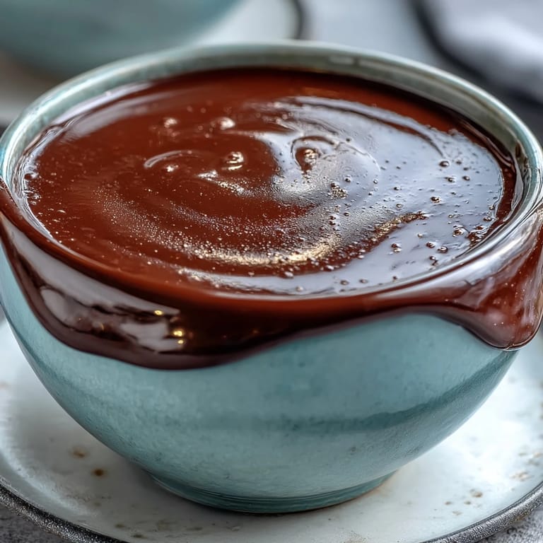 Glossy Boozy Chocolate Fondue with a spoon stirring, surrounded by assorted dipping fruits and sweets on a platter