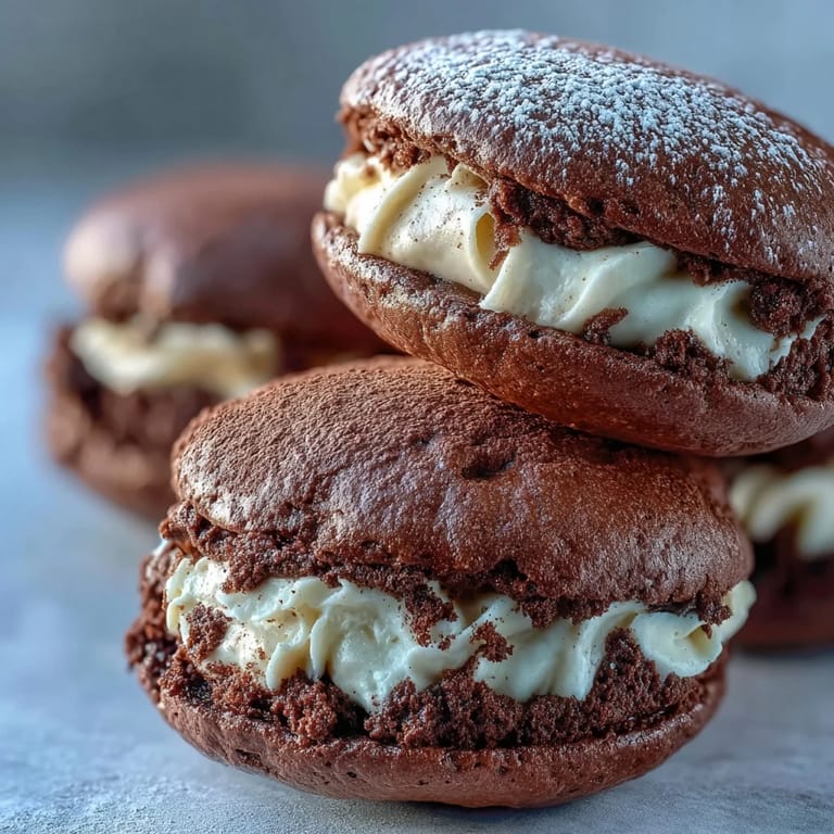On a marble surface, two Tiramisu Whoopie Pies reveal their creamy espresso mascarpone filling between rich chocolate cake-like cookie halves.