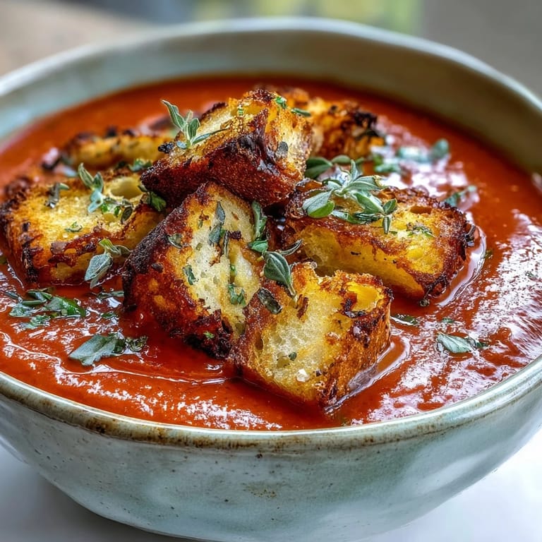 Silky Roasted Red Pepper Soup in a rustic bowl, garnished with homemade oregano croutons and a vibrant drizzle of olive oil.