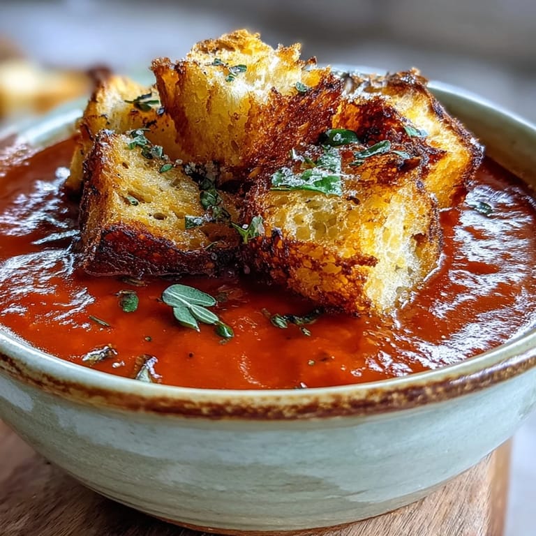 Roasted Red Pepper Soup garnished with crispy bread cubes and fresh herbs, ready to serve with a slice of crusty bread.