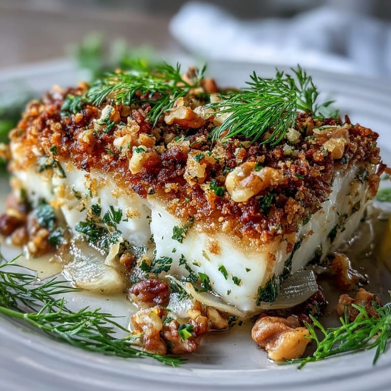 A close-up view of baked halibut with fennel, lemon, and a golden walnut pangrattato, ready for a dinner plate.