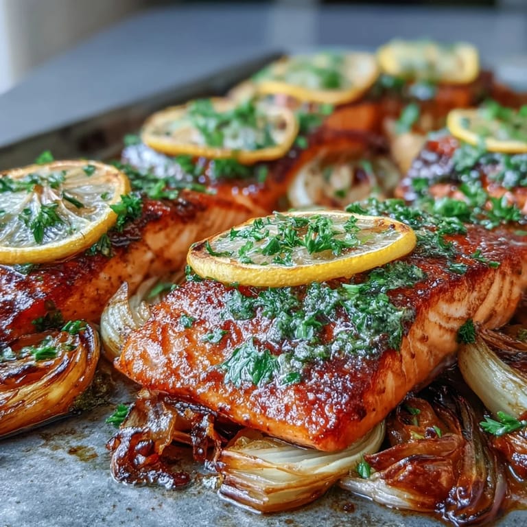 The finished One-Pan Roast Salmon With Leeks, Onions, and Parsley Dressing served hot on a plate with roasted vegetables. 