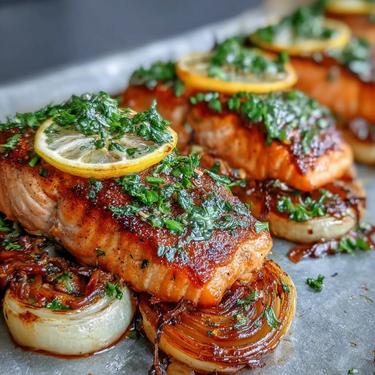 Freshly prepared One-Pan Roast Salmon With Leeks, Onions, and Parsley Dressing drizzled with a bright green parsley sauce.