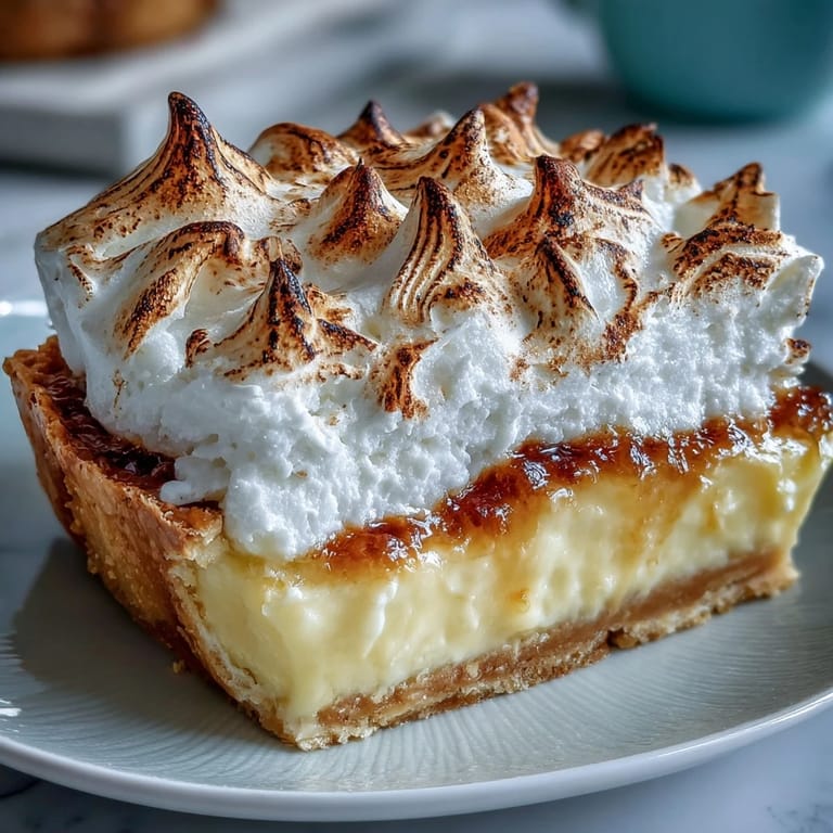 A whole Lemon Meringue Pie sits on a marble counter next to a glass of Moscato.