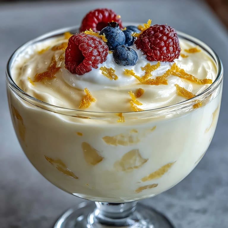 Chilled Lemon Fool layered in crystal glasses with bright yellow lemon cream.