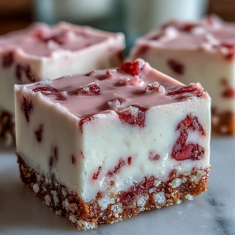 Close-up of No-Bake Strawberry Fudge Squares garnished with fresh strawberry slices, highlighting the smooth, fudgy texture and berry flecks.