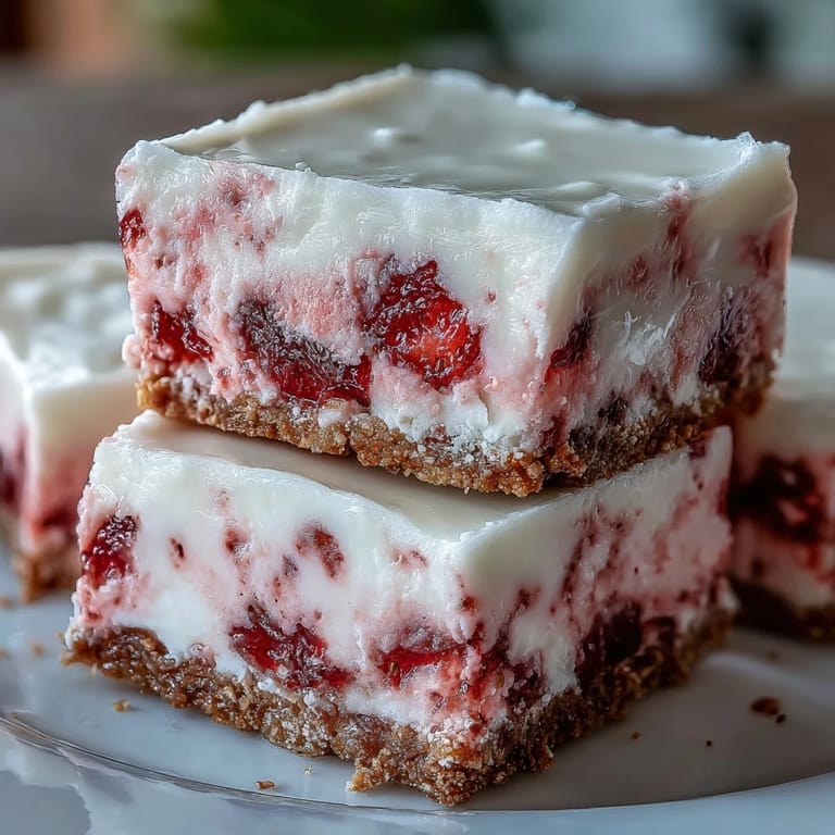 A stack of chilled No-Bake Strawberry Fudge Squares on a white plate, ready for serving at a summer potluck or party.