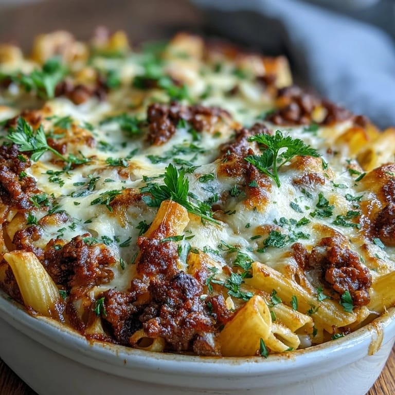 Family-style dish of Cottage Cheese Protein Pasta Bake with Ground Beef served in a white baking dish, steam rising from the golden, cheesy top crust.