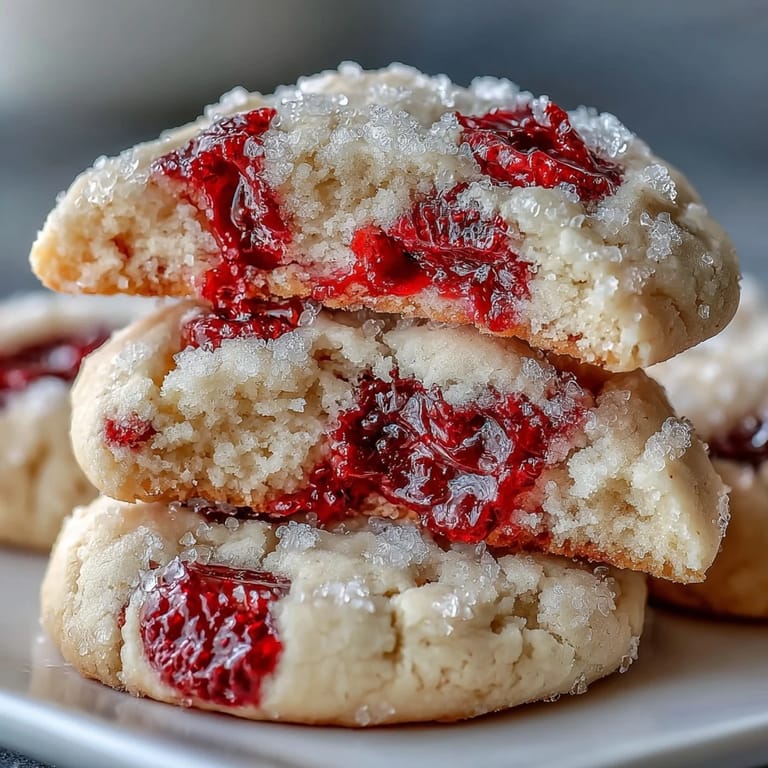Pile of Soft Chewy Raspberry Sugar Cookies with sparkling sugar coating and bright red raspberry pieces.