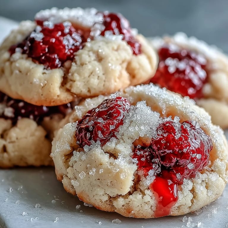 Hand holding a Soft Chewy Raspberry Sugar Cookie, showing a tender crumb and jammy berry center.