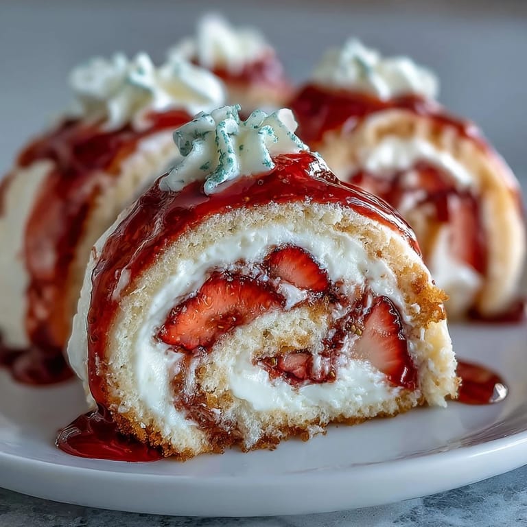 Homemade Strawberry Shortcake Sushi Roll served on plates, garnished with fresh mint and a glossy berry sauce.