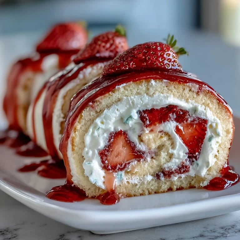 A close-up of Strawberry Shortcake Sushi Roll pieces, revealing golden crepe spirals with strawberries and fluffy sponge cake.