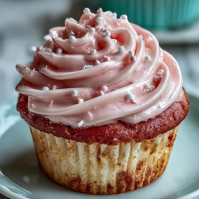 Moist pink velvet cupcakes topped with vanilla buttercream frosting and edible pearls, perfect for a festive celebration or sweet afternoon treat.