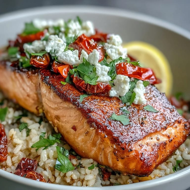 A close-up of a Mediterranean Salmon Bowl featuring flaky salmon and sun-dried tomatoes over crisp rice.