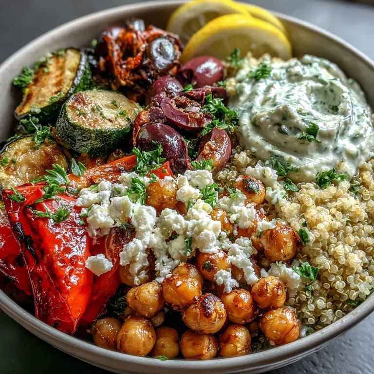 A vibrant Mediterranean Buddha Bowl features golden roasted vegetables, creamy hummus, and tangy feta.