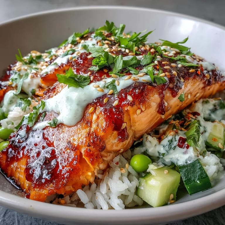 Serving suggestion for Bang Bang Salmon Bowl with lime wedges and sesame seeds over fluffy jasmine rice.