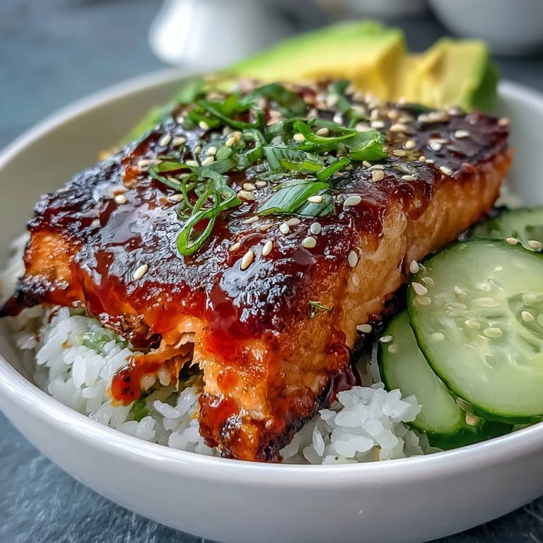 Close-up of Honey Sriracha Salmon Bowl showing sticky sweet glaze on salmon, bright veggies, and a drizzle of spicy sriracha mayo.