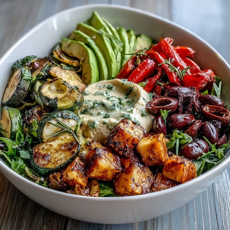 A wholesome Vegan Mediterranean Buddha Bowl garnished with sliced avocado, Kalamata olives, and a dollop of hummus on crisp greens.