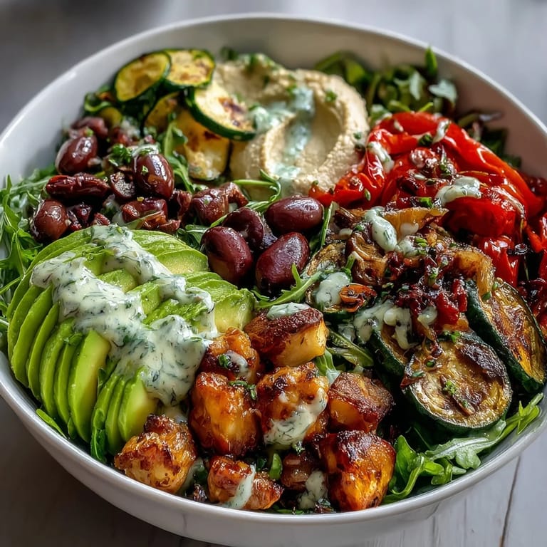 Colorful roasted zucchini, bell pepper, and chickpeas in a Vegan Mediterranean Buddha Bowl with a generous swirl of tangy tahini dressing.