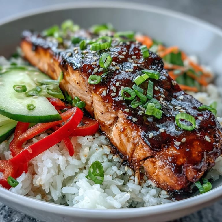 Healthy Asian-Inspired Salmon Bowl garnished with sesame seeds, scallions, and fresh lime wedges.