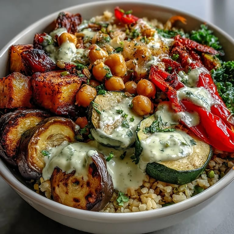 Close-up of Mediterranean Buddha Bowl Meal Prep with golden roasted zucchini, sweet peppers, steamed kale, and creamy tahini dressing.