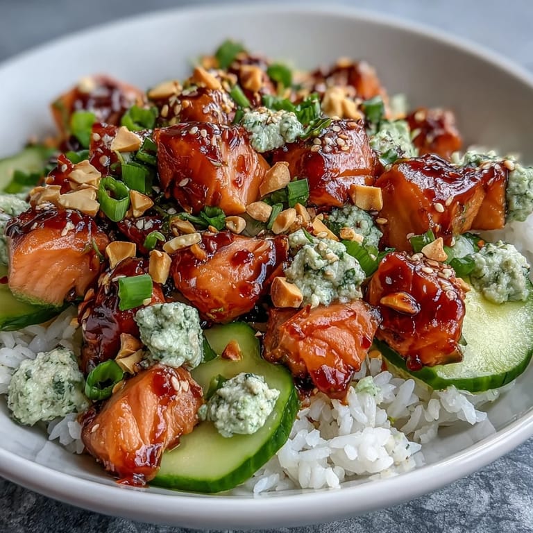 Quick and easy Avocado Salmon Bowl featuring marinated salmon cubes, creamy avocado, and spicy chili oil over sushi rice with sesame seeds and nori strips.