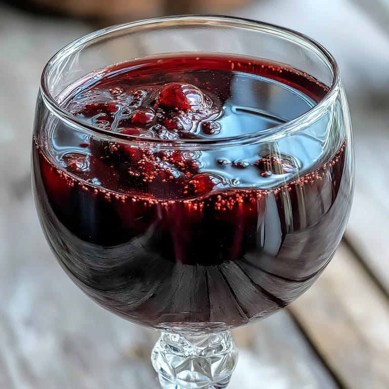 Ruby-colored Crème de Cassis filling a stemmed glass, garnished with fresh blackcurrants and a lemon twist.