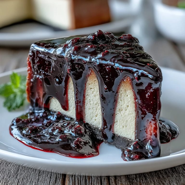 A spoon pours rich Black Currant Sauce onto a scoop of vanilla bean ice cream.
