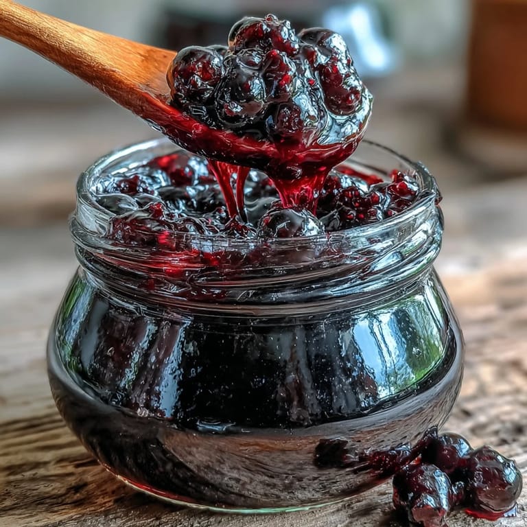A spoon lifting dark, glossy homemade black currant jam from a jar, showing its thick, jammy texture for scones and breakfast bowls.