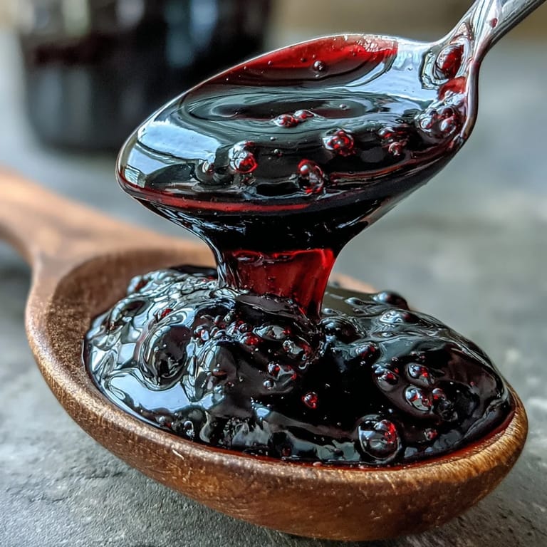 Rich Black Currant Syrup fills a sparkling cocktail glass garnished with fresh currants, set against a dark rustic background. Condensation beads on the glass, hinting at a cold, refreshing, tangy-sweet beverage.