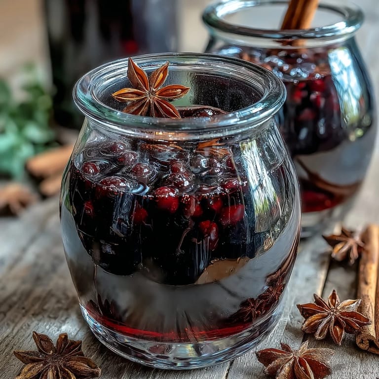 Homemade Spiced Blackcurrant Vodka Liqueur steeping in a jar with spices, ready for gifting.
