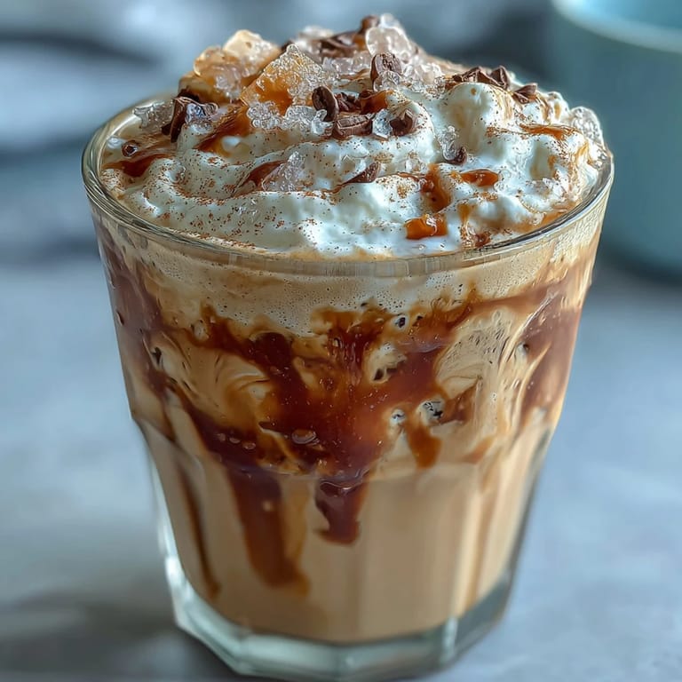 Frosty vanilla bean frappuccino protein shake served in a tall glass, topped with whipped cream and a sprinkle of cinnamon.