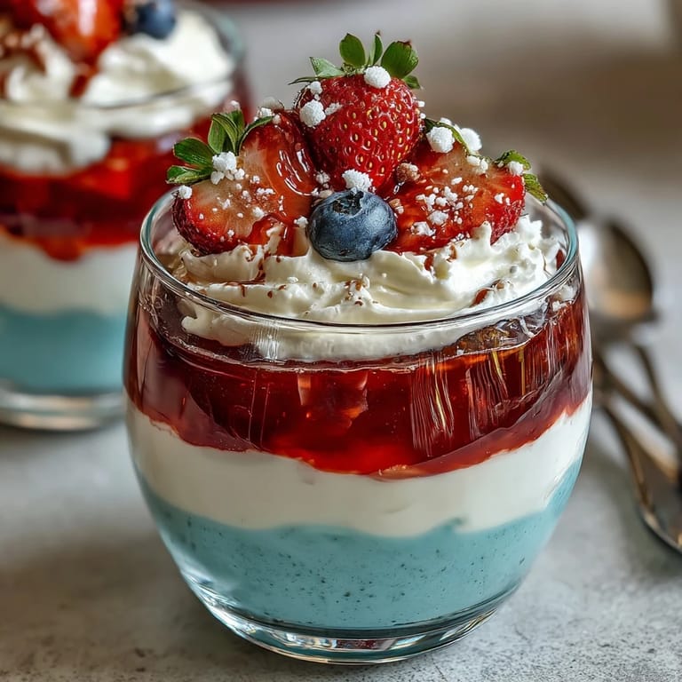 Patriotic Red, White, and Blue Layered Jello Cups, a colorful dessert with fruity flavors and creamy sweetened condensed milk.