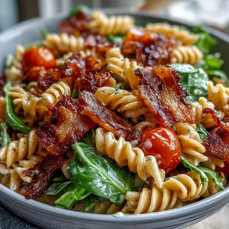 A hearty BLT Pasta Salad with Bacon and Avocado, featuring al dente pasta, smoky bacon, fresh lettuce, and creamy avocado for a satisfying meal.