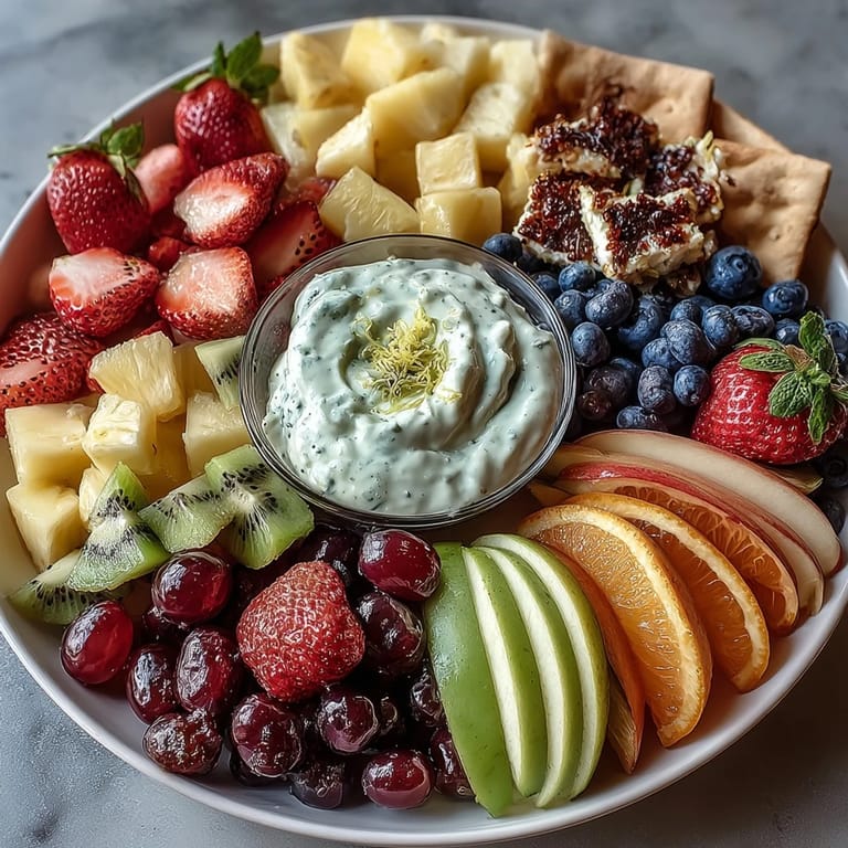 Spring Fruit Table Platter with Dipping Yogurt Sauce, featuring fresh strawberries, grapes, and kiwi served with creamy honey-yogurt dip.
