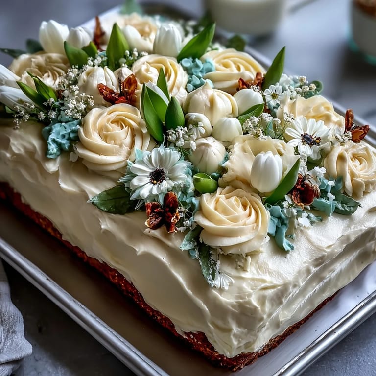 Moist vanilla sheet cake with creamy buttercream base, featuring piped buttercream flowers—perfect for First Communion dessert tables.