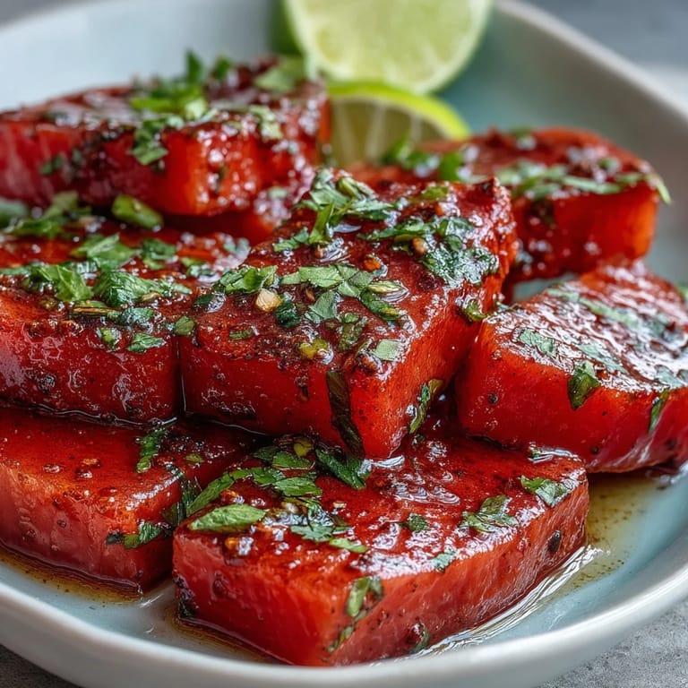 Juicy watermelon sticks topped with Tajin chili-lime seasoning and zesty lime wedges create a bold, refreshing snack with a tangy finish.