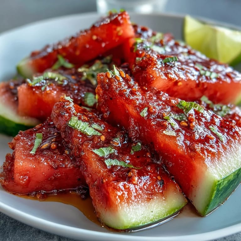 Bright watermelon wedges sprinkled with Tajin seasoning and fresh lime juice offer a sweet-spicy treat perfect for warm-weather gatherings.