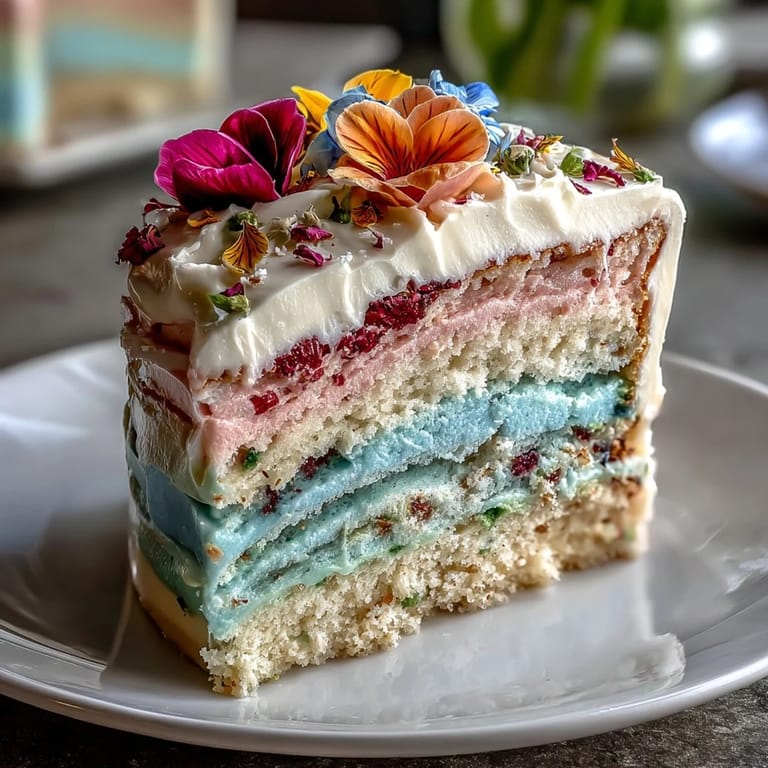 Elegant multi-layer cake featuring gradient pastel shades and a stunning arrangement of edible flowers, perfect for spring celebrations.