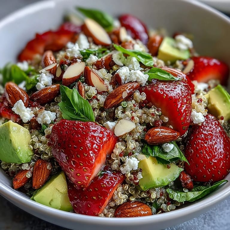 Strawberry avocado quinoa salad with toasted almonds and zesty lemon dressing, perfect for a light and nutritious meal.